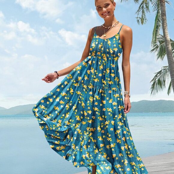 Summer Bohemian Floral Dresses for Women Spaghetti Straps Maxi Dress Casual Flow - Picture 4 of 5